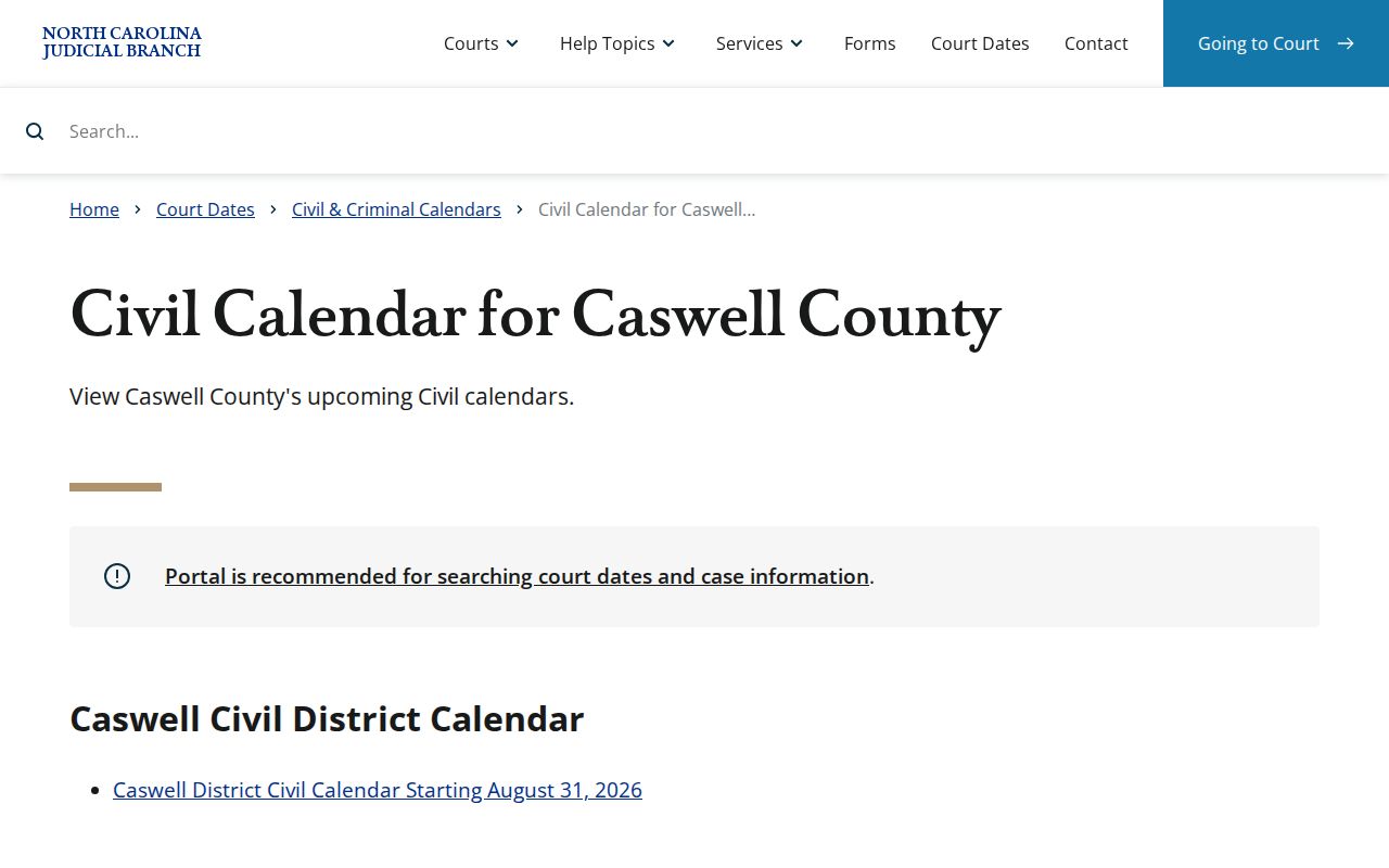 Screenshot of the official Caswell County civil court calendar interface