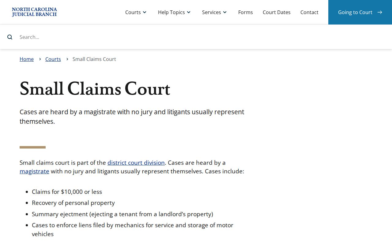 Screenshot of the North Carolina small claims court overview