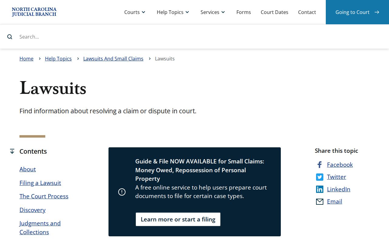 Screenshot of North Carolina Judicial Branch civil lawsuits information