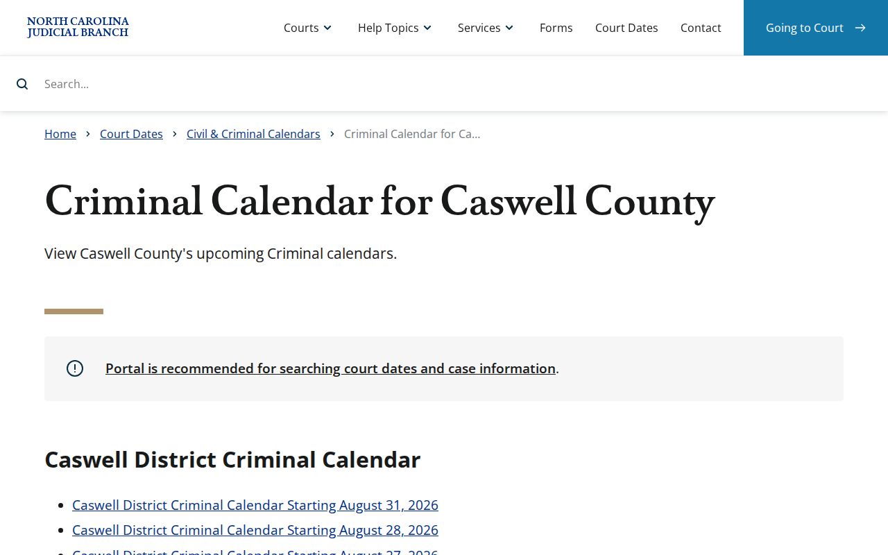 Screenshot of the official Caswell County criminal court calendar interface