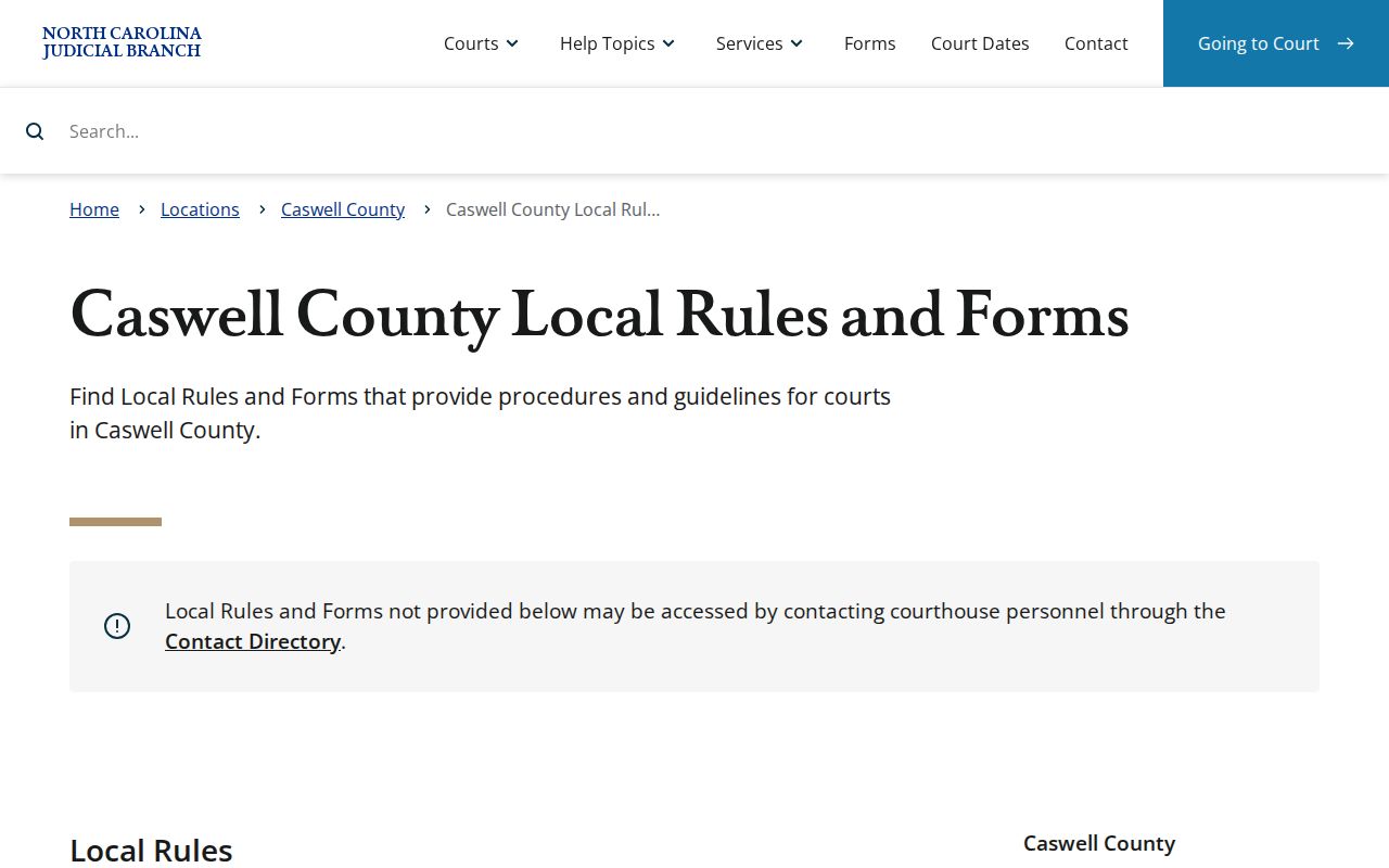 Screenshot of Caswell County local rules and forms page