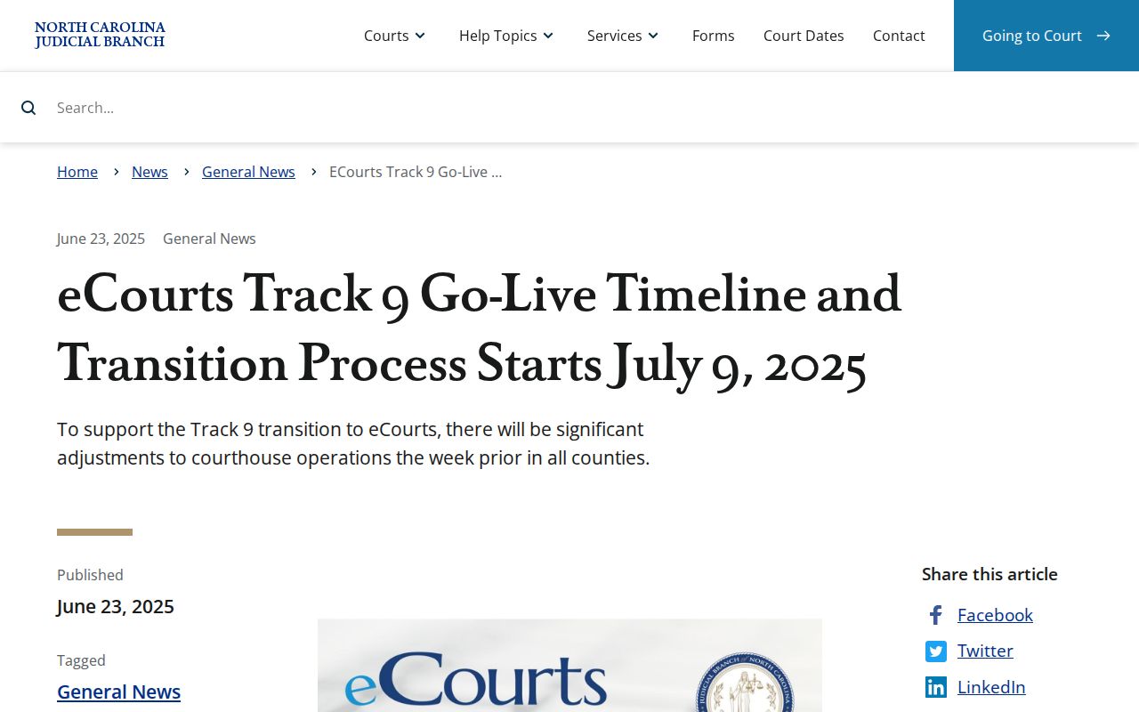 Screenshot of the North Carolina eCourts Track 9 go-live timeline for Caswell