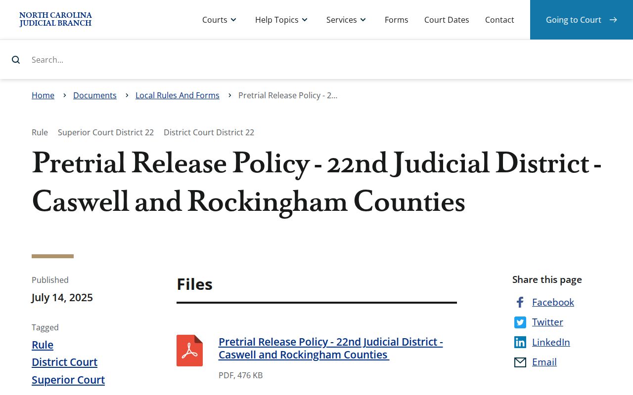 Screenshot of the District 22 pretrial release policy for Caswell and Rockingham counties