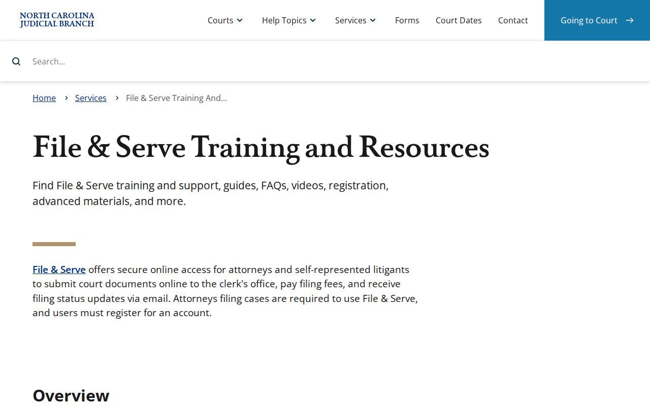 Screenshot of North Carolina File and Serve training and resources page