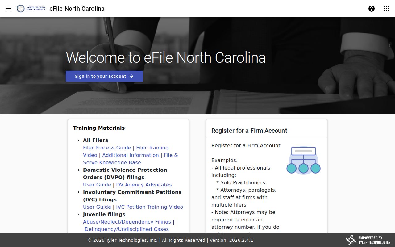 Screenshot of the North Carolina File and Serve service landing page
