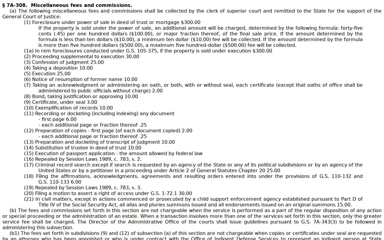 Caswell County court record clerk certification fees