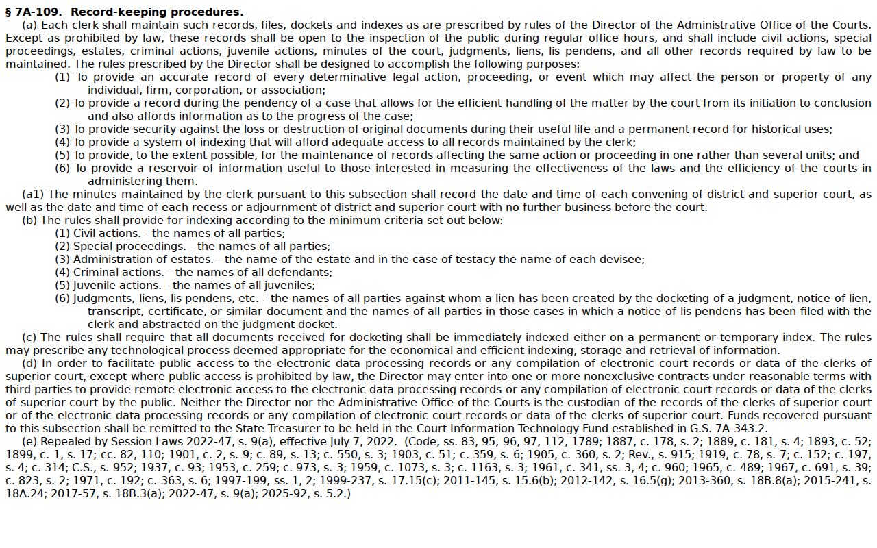 Caswell County court record clerk public inspection statute