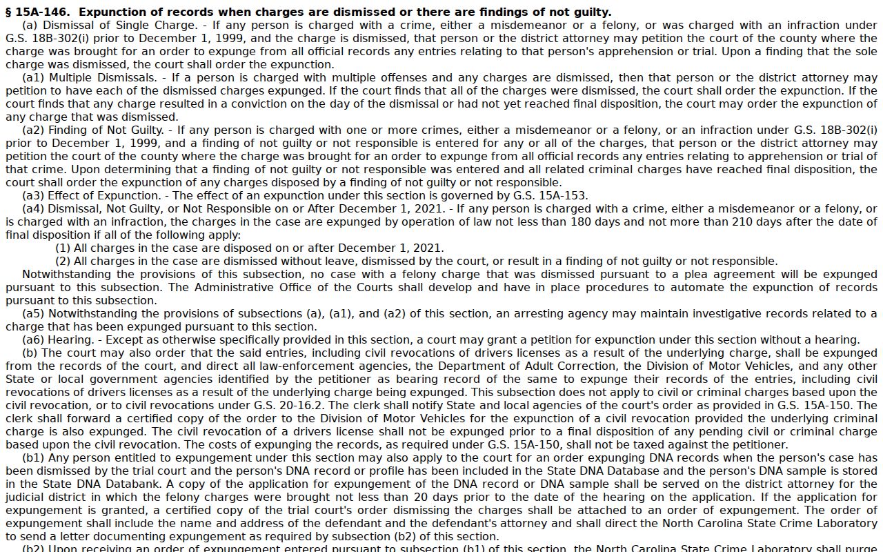 Screenshot of North Carolina General Statute 15A-146 on expunction after dismissal or not guilty