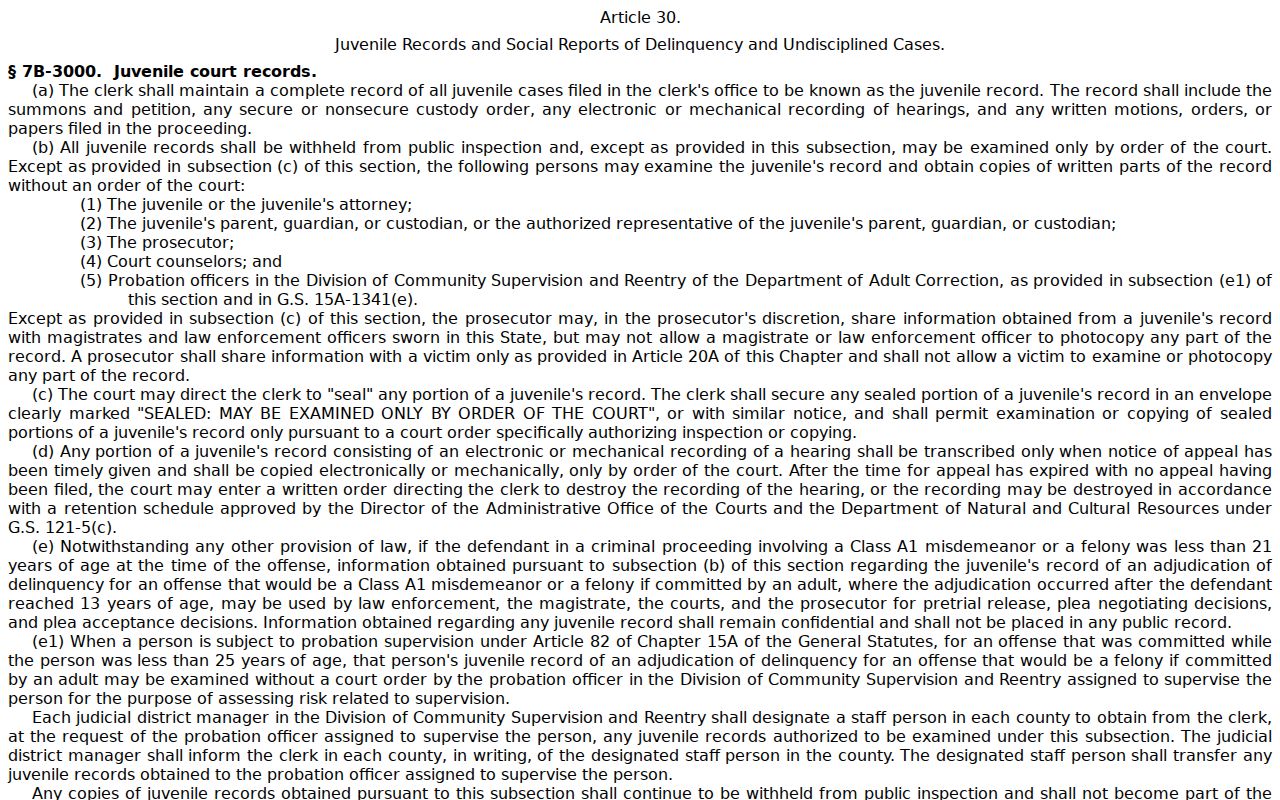 Screenshot of North Carolina juvenile court-record confidentiality statute 7B-3000