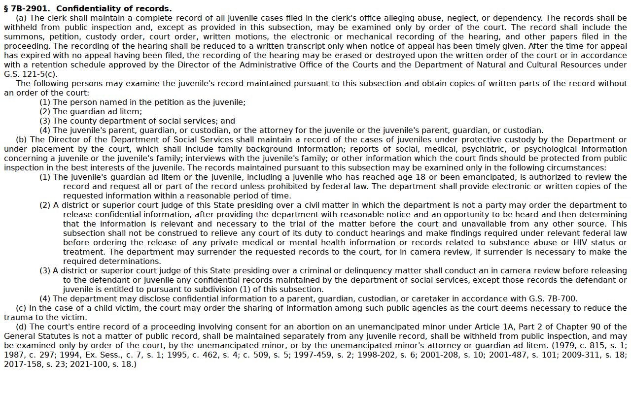 Screenshot of North Carolina General Statute 7B-2901 on confidential juvenile records