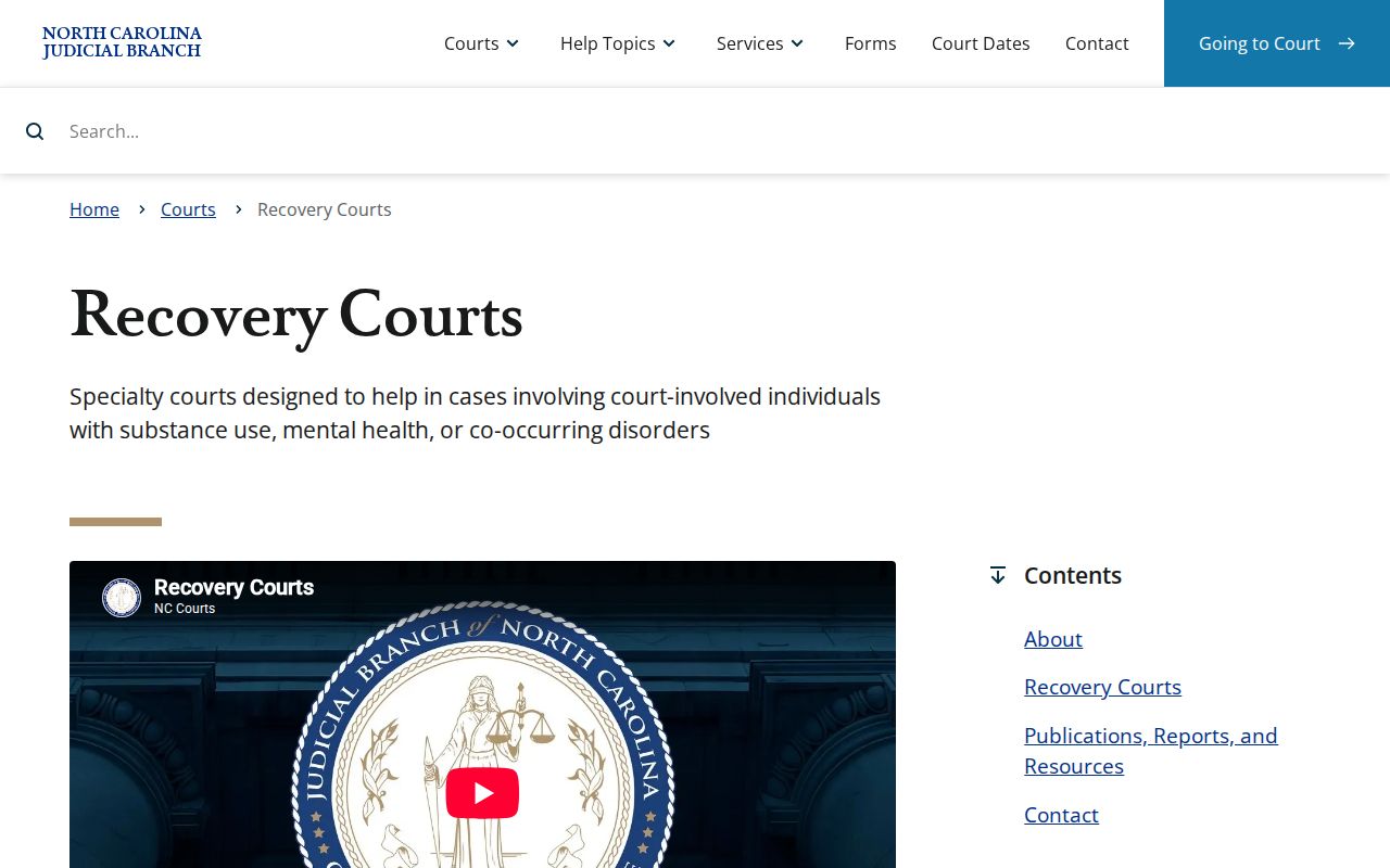 Screenshot of the North Carolina Recovery Courts information page