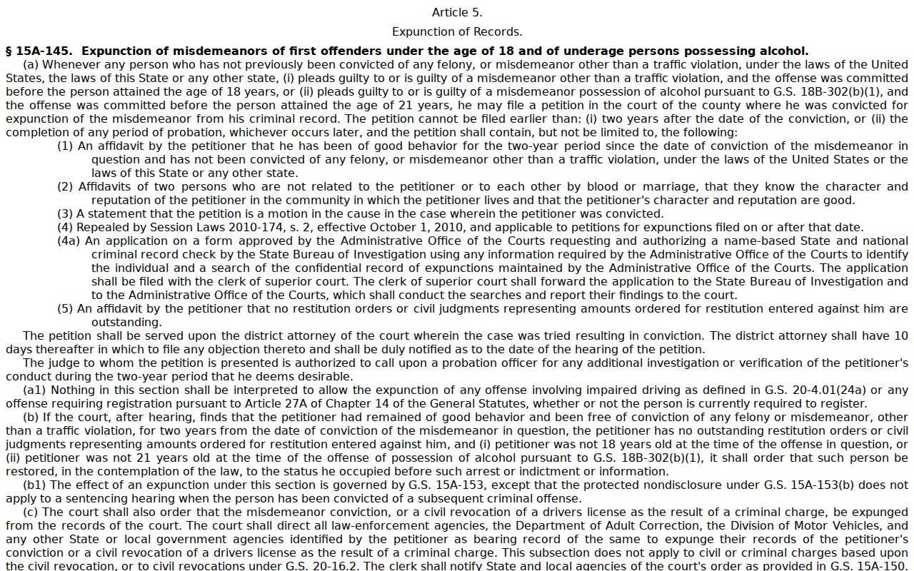 Screenshot of North Carolina General Statute 15A-145 on expunction
